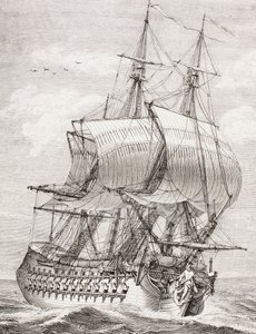 Het achtenvijftig kanonnen fregat van de Franse marine met geopende geschutspoorten, klaar voor de strijd, uit 